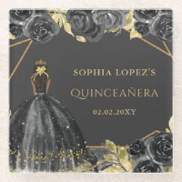 Elegant Black Gold Floral Princess Quinceanera
