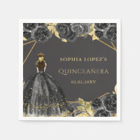 Elegant Black Gold Floral Princess Quinceanera