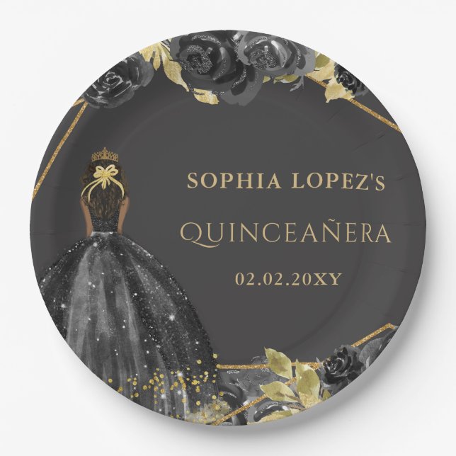 Elegant Black Gold Floral Princess Quinceanera  Paper Plate (Front)
