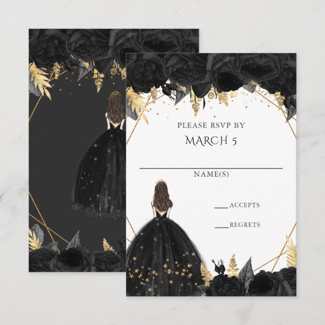 Elegant Black Gold Floral Princess Quinceanera RSVP Card (Front/Back)