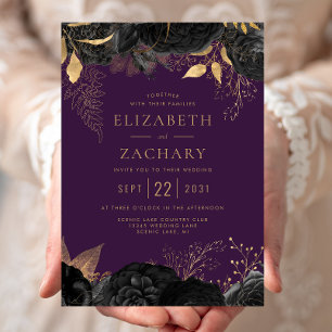 Elegant Black Gold Floral Purple Wedding Invitation