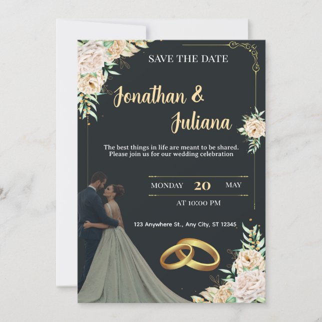 Elegant Black & Gold Floral Save the Date Wedding  Invitation (Front)