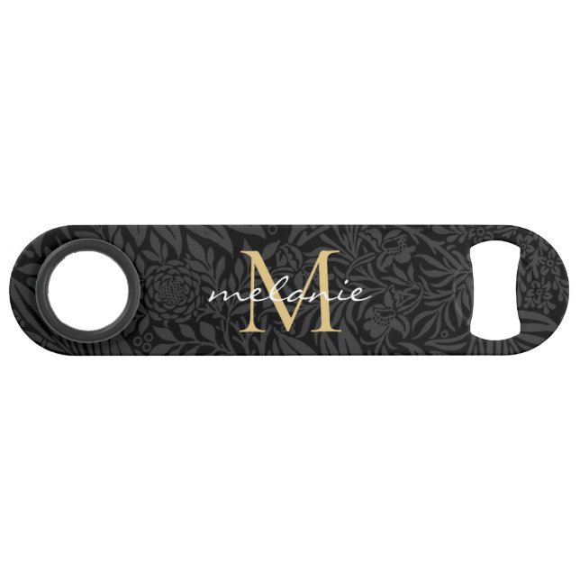 Elegant Black Gold Floral Script Monogram (Front (Horizontal))