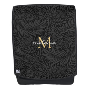 Elegant Black Gold Floral Script Monogram Backpack