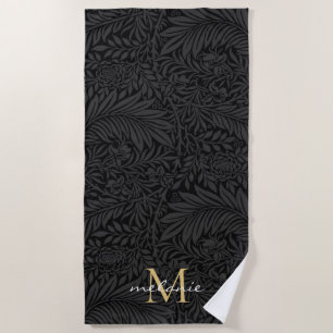 Elegant Black Gold Floral Script Monogram Beach Towel
