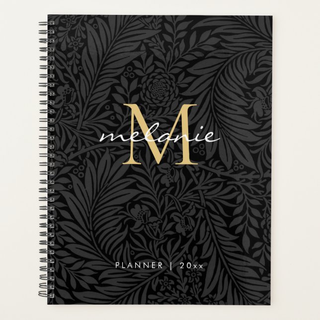 Elegant Black Gold Floral Script Monogram Calendar Planner (Front)