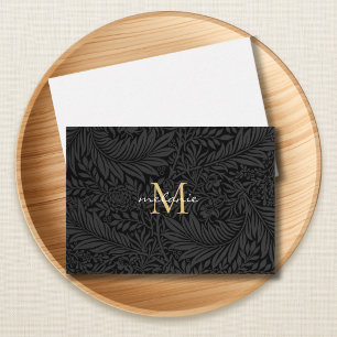 Elegant Black Gold Floral Script Monogram Card