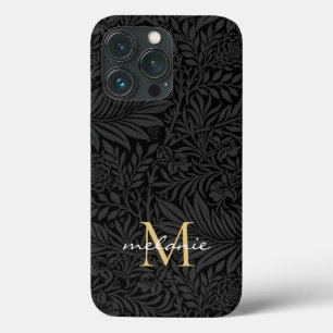 Elegant Black Gold Floral Script Monogram iPhone 13 Pro Case