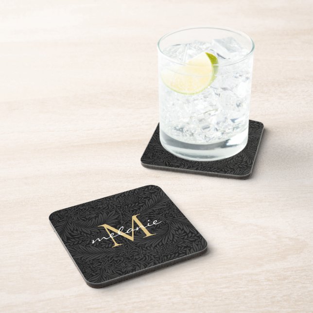 Elegant Black Gold Floral Script Monogram Coaster (Right Side)