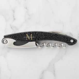 Elegant Black Gold Floral Script Monogram Corkscrew