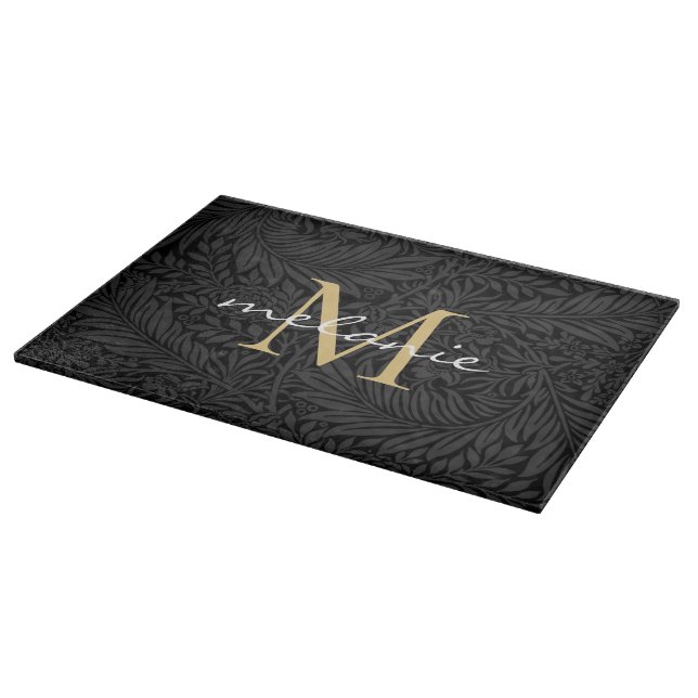 Elegant Black Gold Floral Script Monogram Cutting Board (Corner)