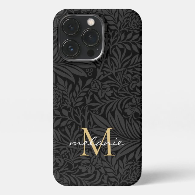 Elegant Black Gold Floral Script Monogram iPhone Case (Back)