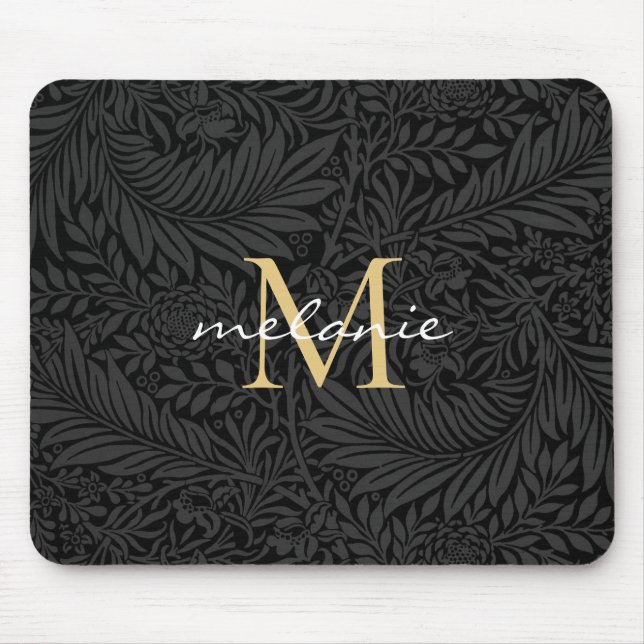 Elegant Black Gold Floral Script Monogram Mouse Pad (Front)