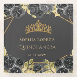 Elegant Black Gold Floral Tiara Quinceanera Glass Coaster