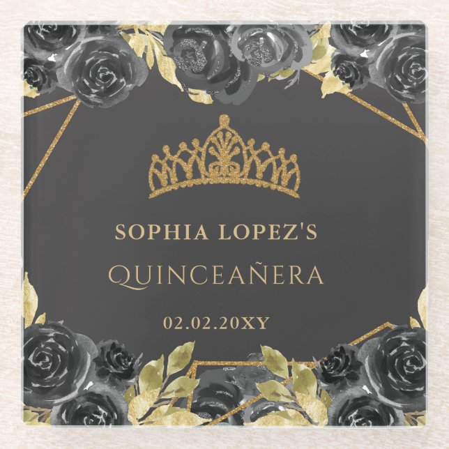 Elegant Black Gold Floral Tiara Quinceanera  Glass Coaster (Front)