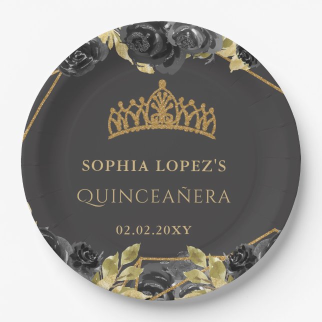 Elegant Black Gold Floral Tiara Quinceanera  Paper Plate (Front)
