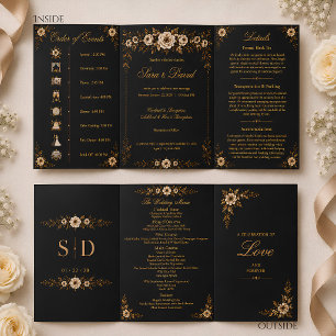 Elegant Black & Gold Floral Tri-Fold Wedding Invitation