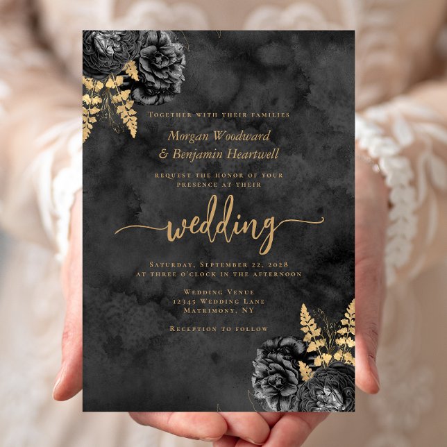 Elegant Black Gold Floral Watercolor Wedding Invitation (Creator Uploaded)
