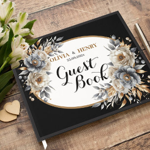 Elegant Black Gold Floral Wedding Guest Book