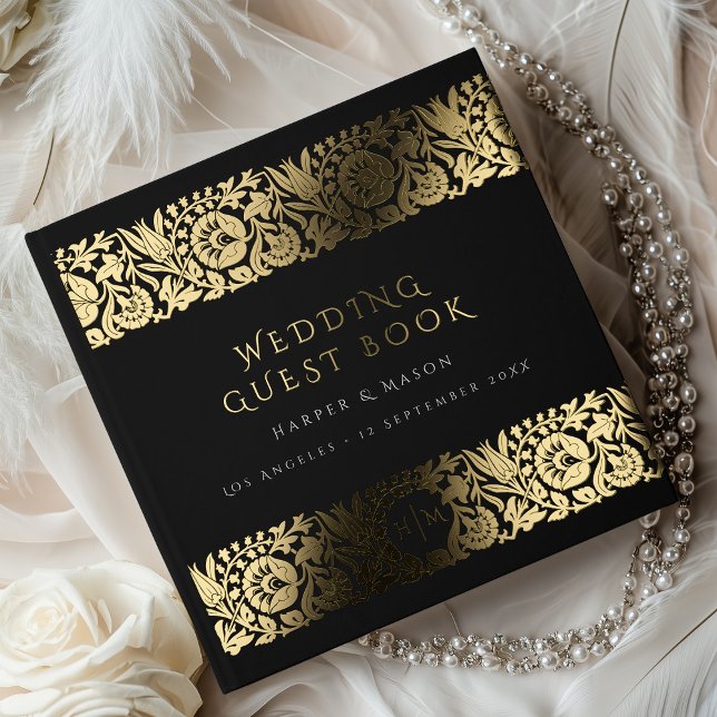 Elegant Black Gold Floral Wedding Guest Book (Creator Uploaded)