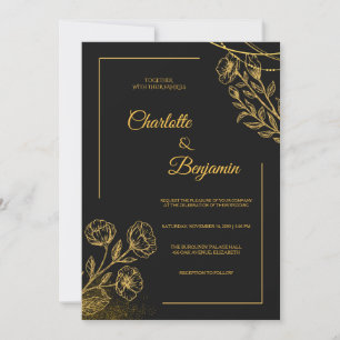 Elegant Black Gold Floral Wedding Invitation