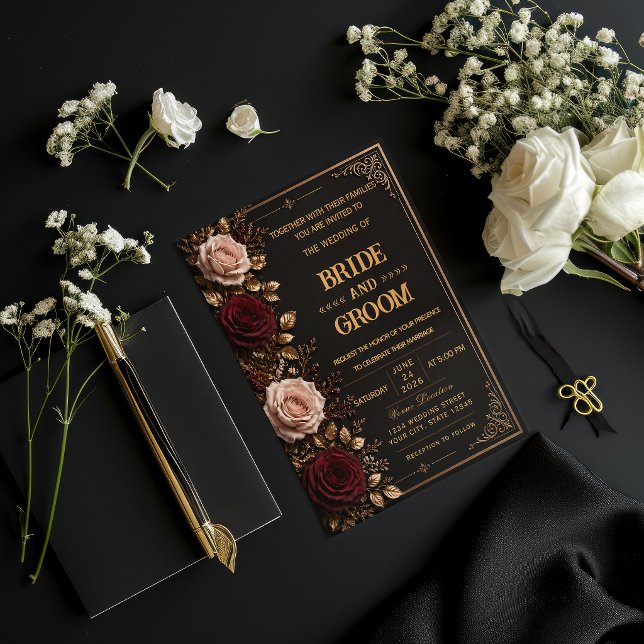 Elegant Black & Gold Floral Wedding Invitation (Creator Uploaded)