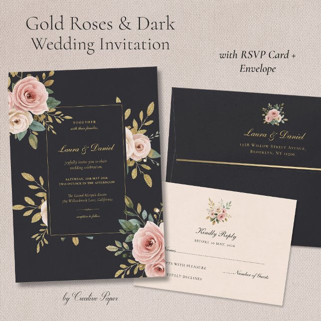 Elegant Black & Gold Floral Wedding Invitation (Creator Uploaded)