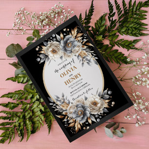 Elegant Black Gold Floral Wedding Invitation