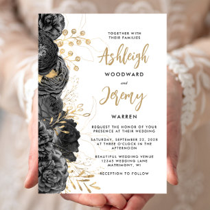 Elegant Black Gold Floral Wedding Invitation