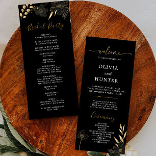 Elegant Black & Gold Floral Wedding Party Program Programme