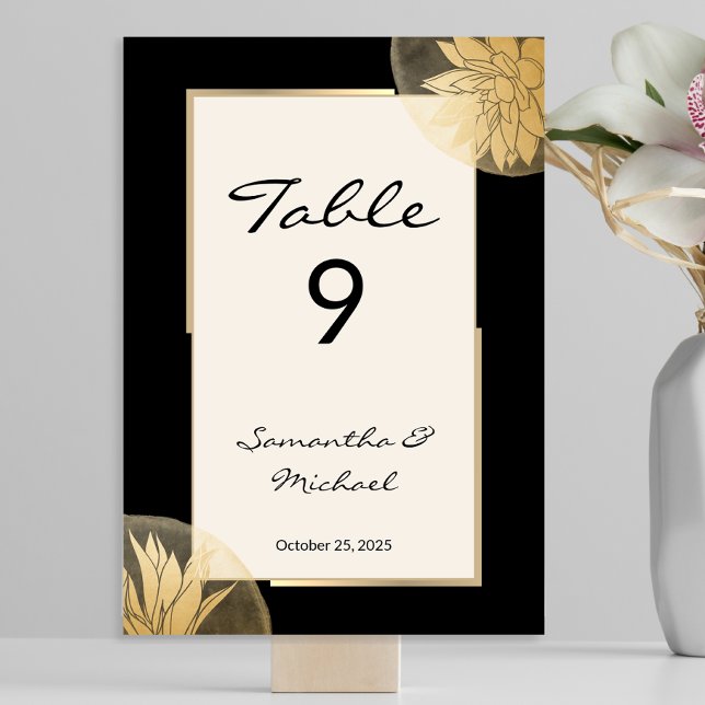 Elegant Black Gold Floral Wedding Reception  Table Number (Creator Uploaded)