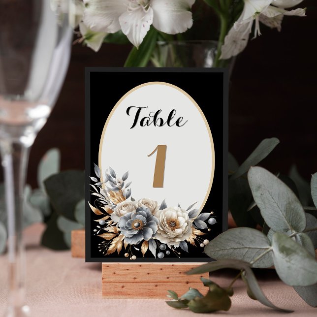 Elegant Black Gold Floral Wedding Table Number (Elegant Black Gold Floral Wedding Table Number Card)