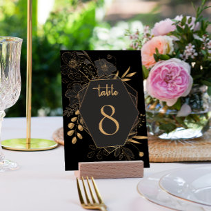 Elegant Black & Gold Floral Wedding Table Number