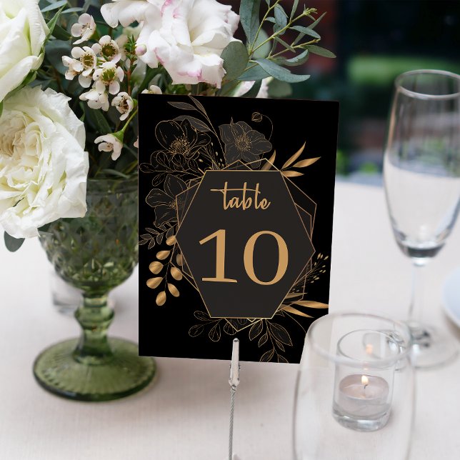 Elegant Black & Gold Floral Wedding  Table Number (Modern Black and Gold Floral elegant wedding Table card)