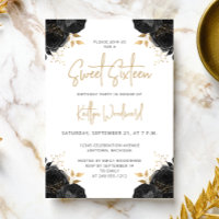 Elegant Black Gold Floral White Sweet 16 Party