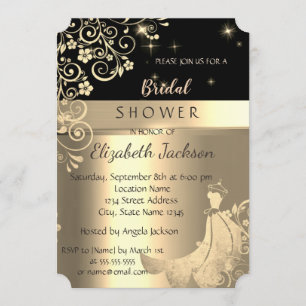 Elegant Black, Gold Flowers Dress Bridal Shower Invitation
