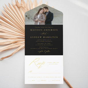 Elegant Black Gold Foil Calligraphy Photo Wedding All In One Invitation