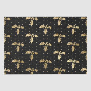 Elegant Black & Gold Foil Christmas Holly Pattern Tissue Paper