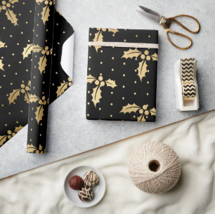 Elegant Black & Gold Foil Christmas Holly Pattern Wrapping Paper