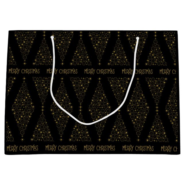 Elegant Black Gold Foil Christmas Pine Tree Large Gift Bag (Front)