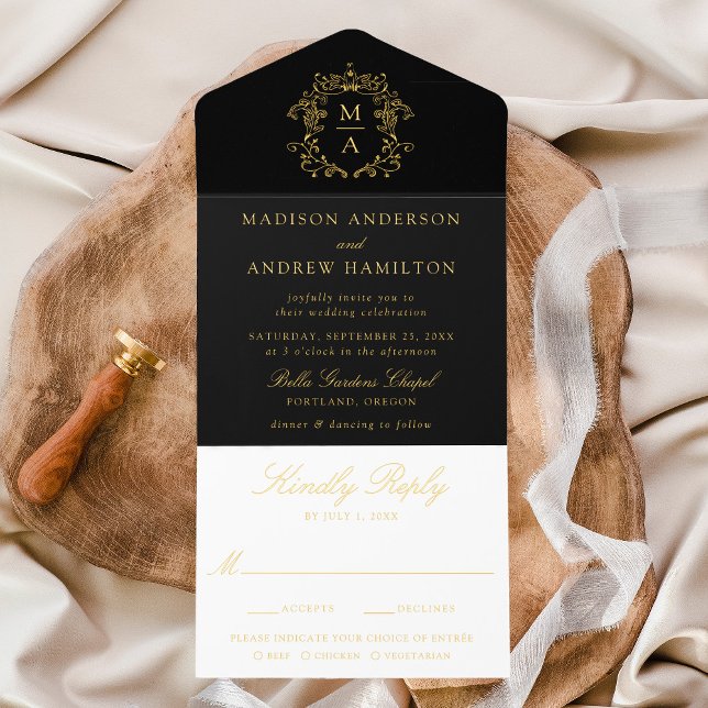 Elegant Black Gold Foil Crest Chinoiserie Wedding All In One Invitation (Creator Uploaded)