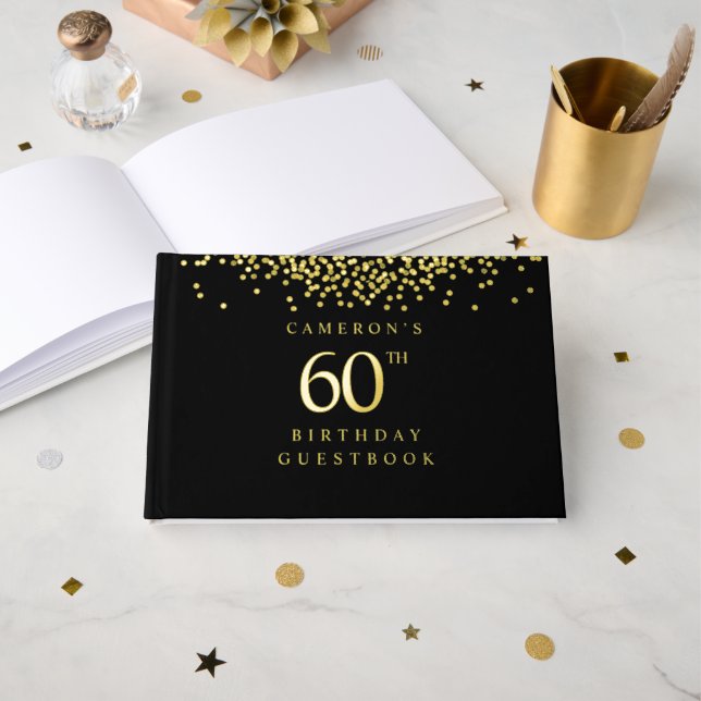 Elegant black gold foil Custom 60th birthday  Guest Book (Front Open)