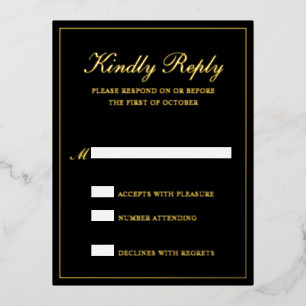 Elegant Black Gold Foil Formal Wedding RSVP Card