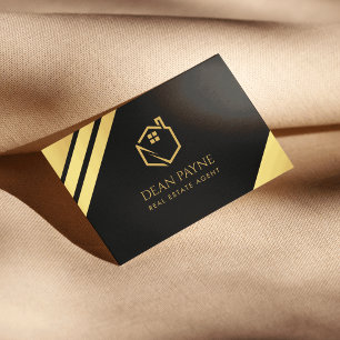 Elegant Black & Gold Foil Home Logo Real Estate  Business Card