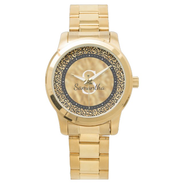Elegant Black Gold Foil Leopard Name Monogram Watch (Front)
