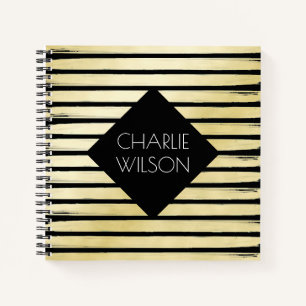 Elegant black gold foil paint striped with frame notebook