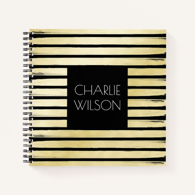 Elegant black gold foil paint striped with frame notebook (Front)