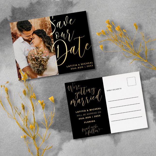 Elegant Black & Gold Foil Save Our Datei Holiday Postcard (Creator Uploaded)