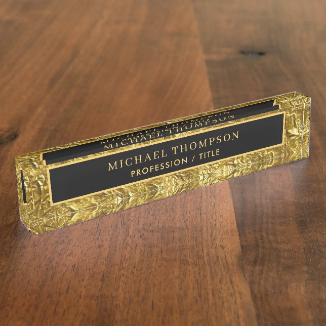 Elegant Black Gold Foil Texture Personalised Name  Nameplate (Side)