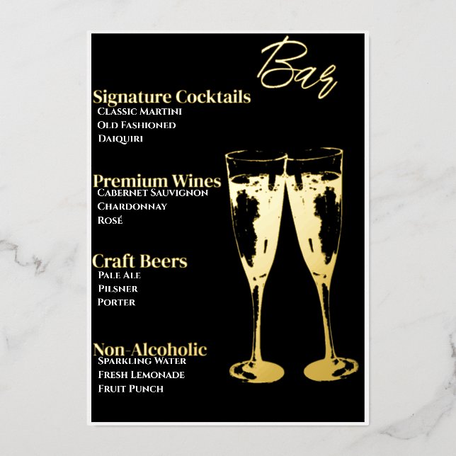 Elegant Black Gold-Foiled Cocktail Party Bar Menu (Front)